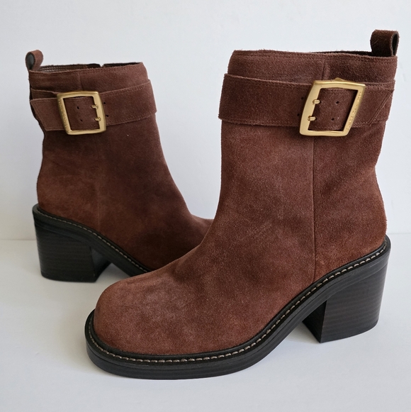 Vince Camuto Shoes - Vince Camuto Bembonie Suede Stacked Heel Bootie Buckle Ankle Boot | Sz 8, Brown